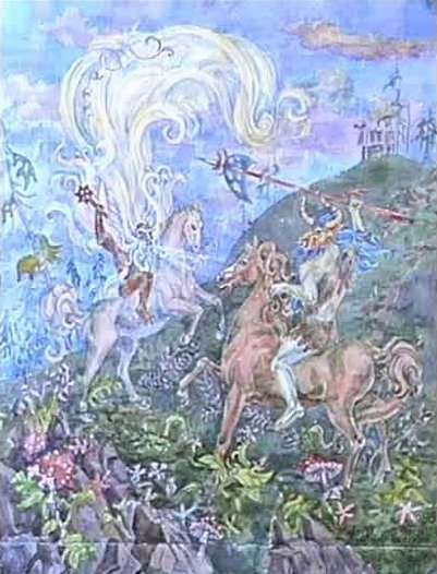 Велес и Усыня. (А. Н. Фанталов, акварель). Картина показывает битву между славянскими хтоническими персонажами. 